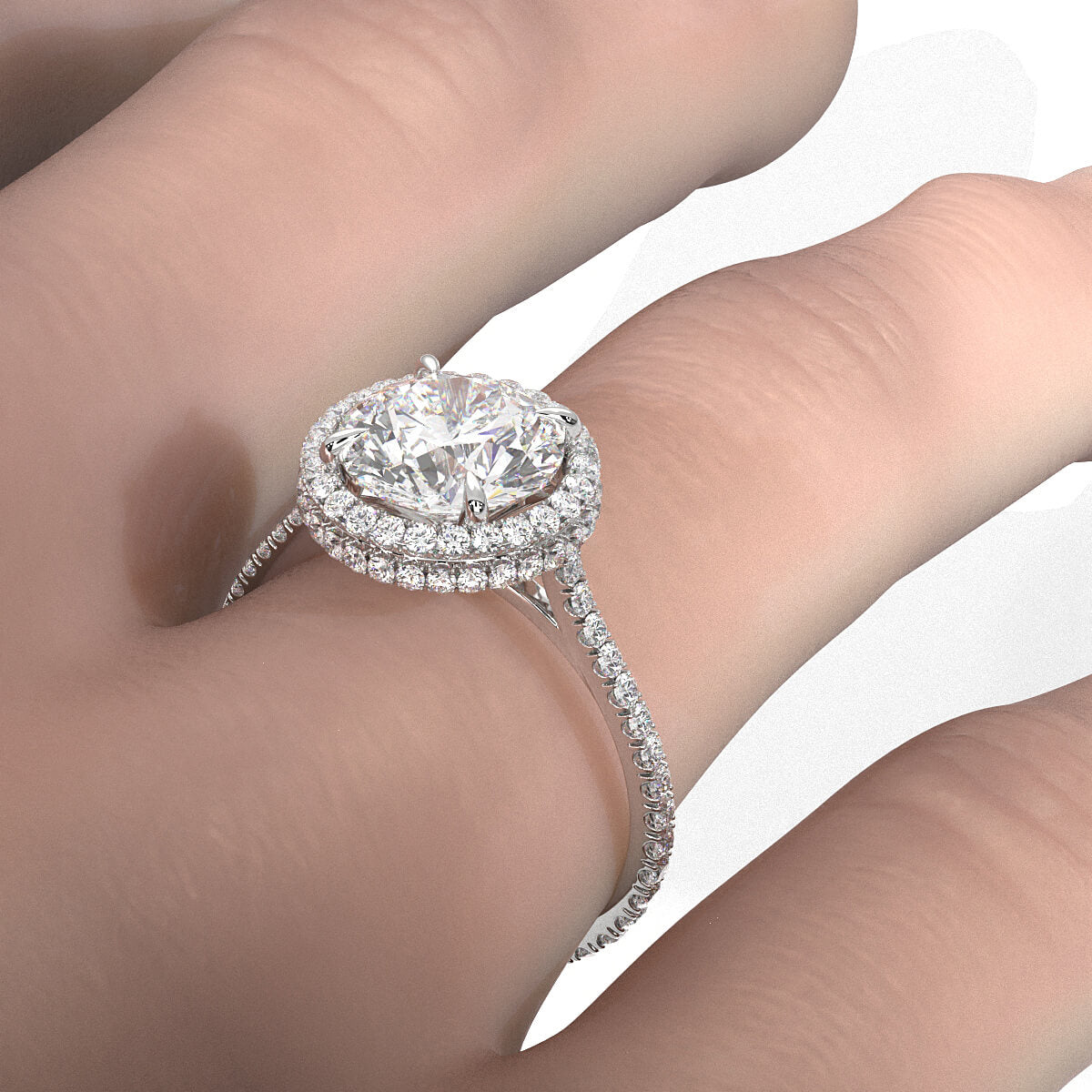 Double Halo Round Lab Grown Diamond French Pave Set Engagement Ring